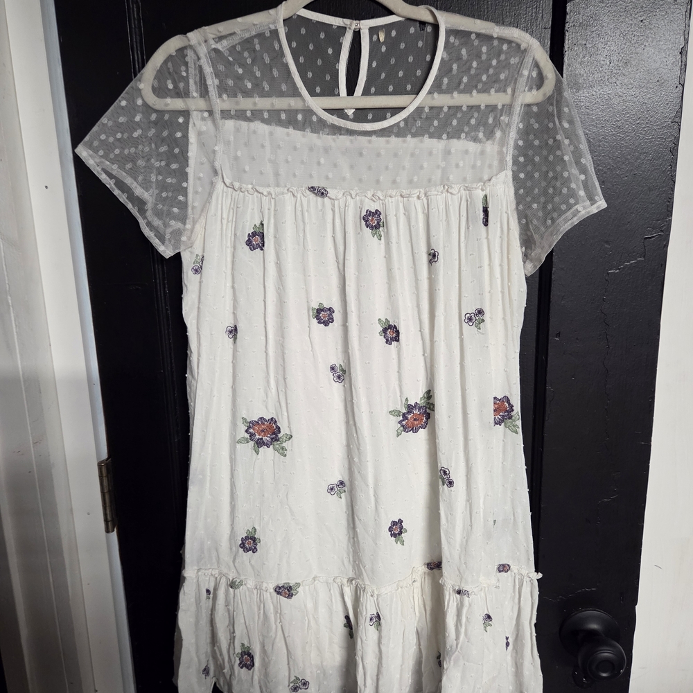 Floral White Dress with Sheer Polka Dot Sleeves